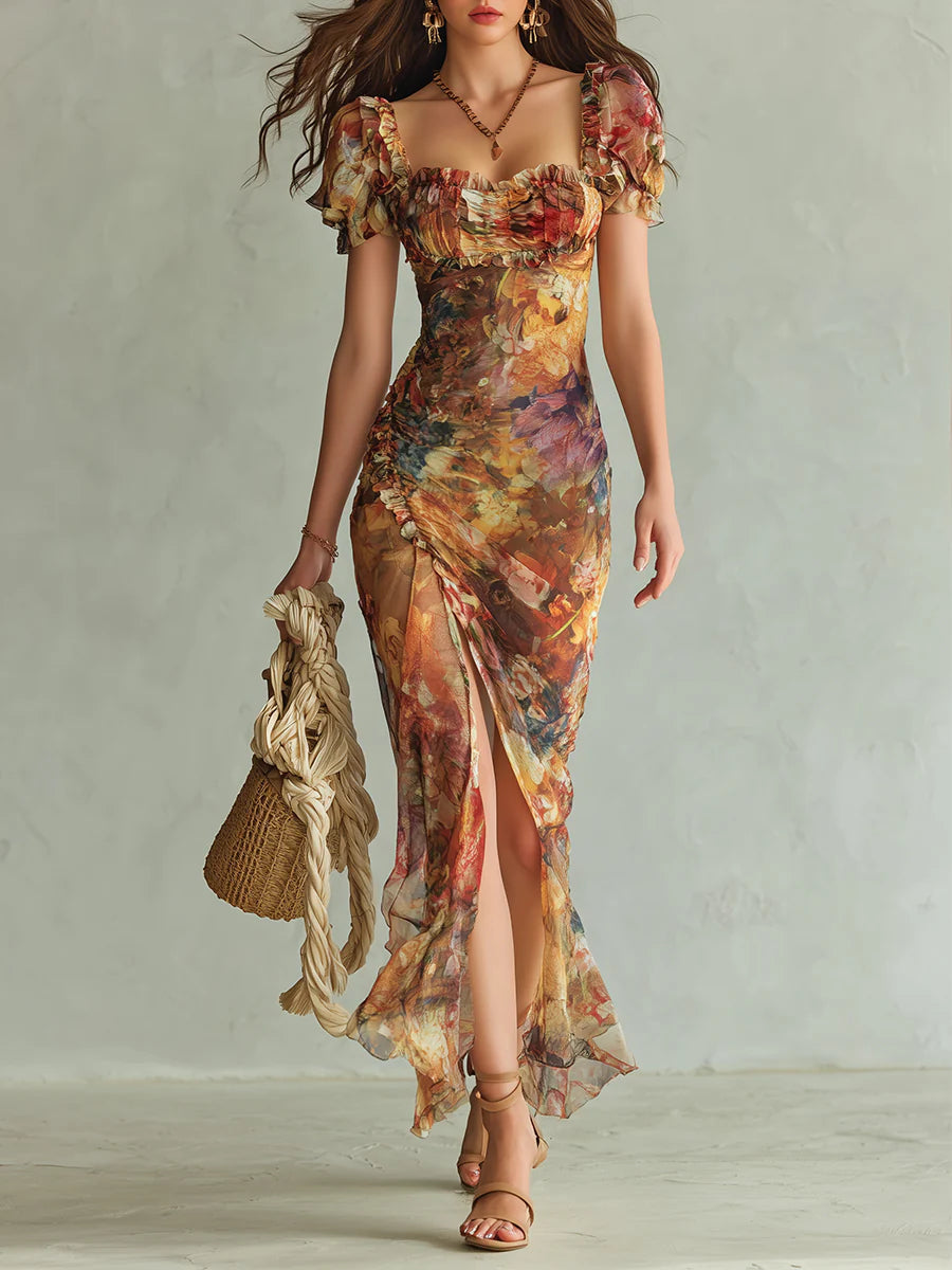 Ambra™ | Vestido Maxi Boho: Estampado Acuarela en Naranja