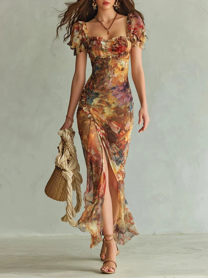 Ambra™ | Vestido Maxi Boho: Estampado Acuarela en Naranja