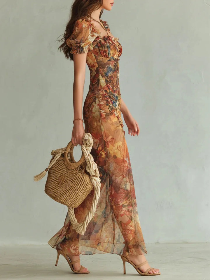 Ambra™ | Vestido Maxi Boho: Estampado Acuarela en Naranja