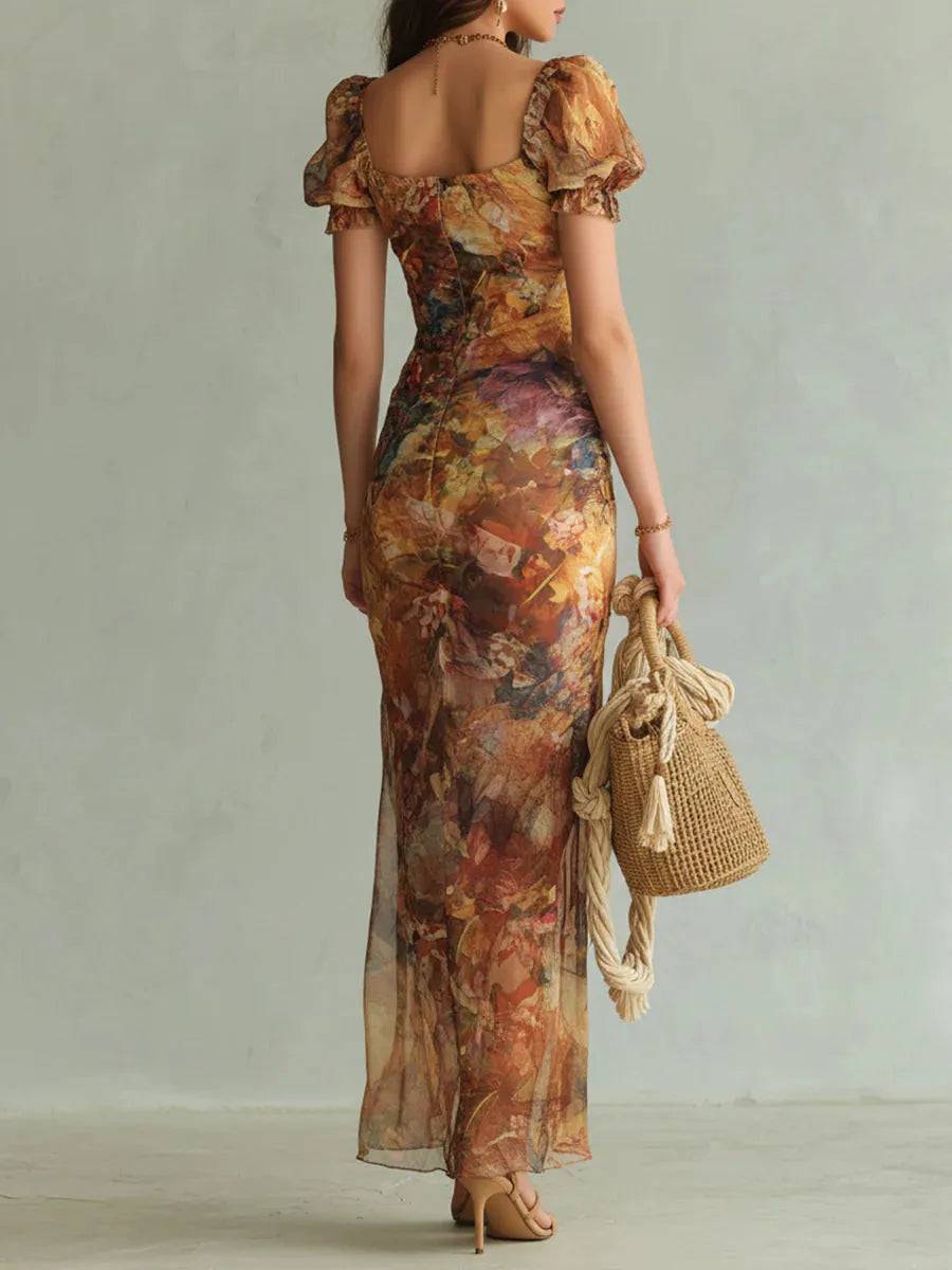 Ambra™ | Vestido Maxi Boho: Estampado Acuarela en Naranja
