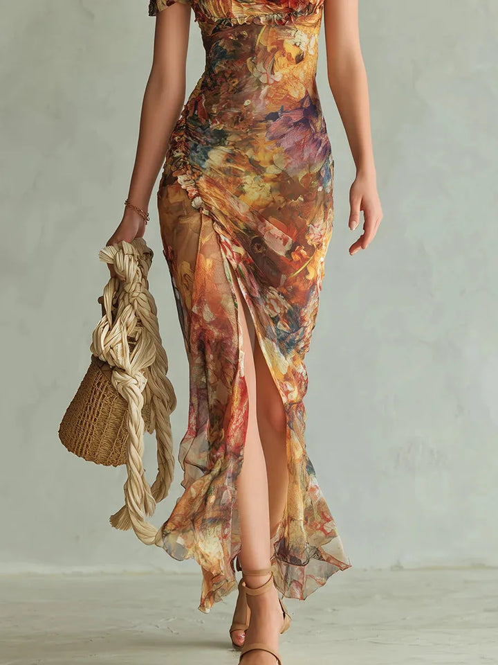 Ambra™ | Vestido Maxi Boho: Estampado Acuarela en Naranja