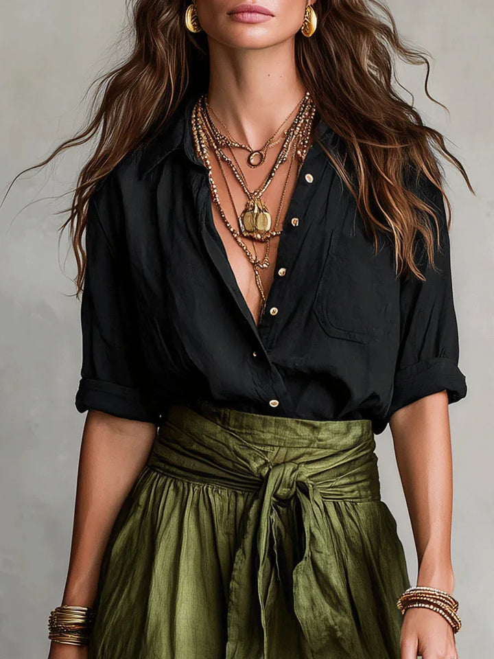 Cristina™ | Conjunto Mediterráneo: Top Negro y Falda Midi Verde Oliva