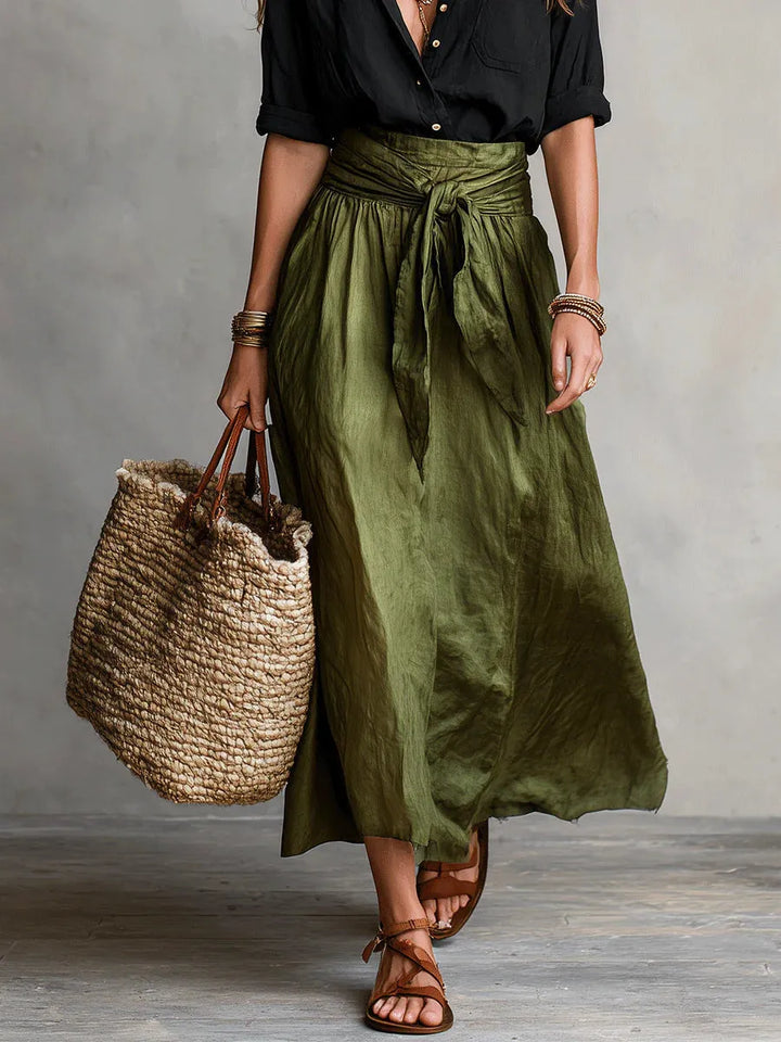 Cristina™ | Conjunto Mediterráneo: Top Negro y Falda Midi Verde Oliva