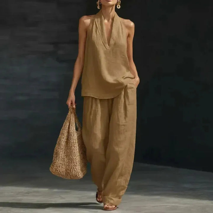 Ainhoa™ | Conjunto Dos Piezas de Lino: Blusa Manga Murciélago y Pantalón Ancho