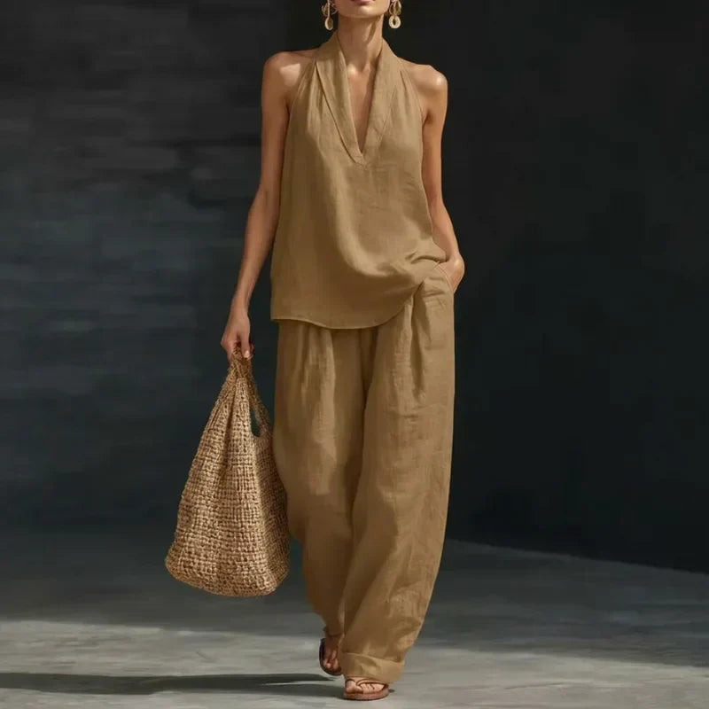 Ainhoa™ | Conjunto Dos Piezas de Lino: Blusa Manga Murciélago y Pantalón Ancho