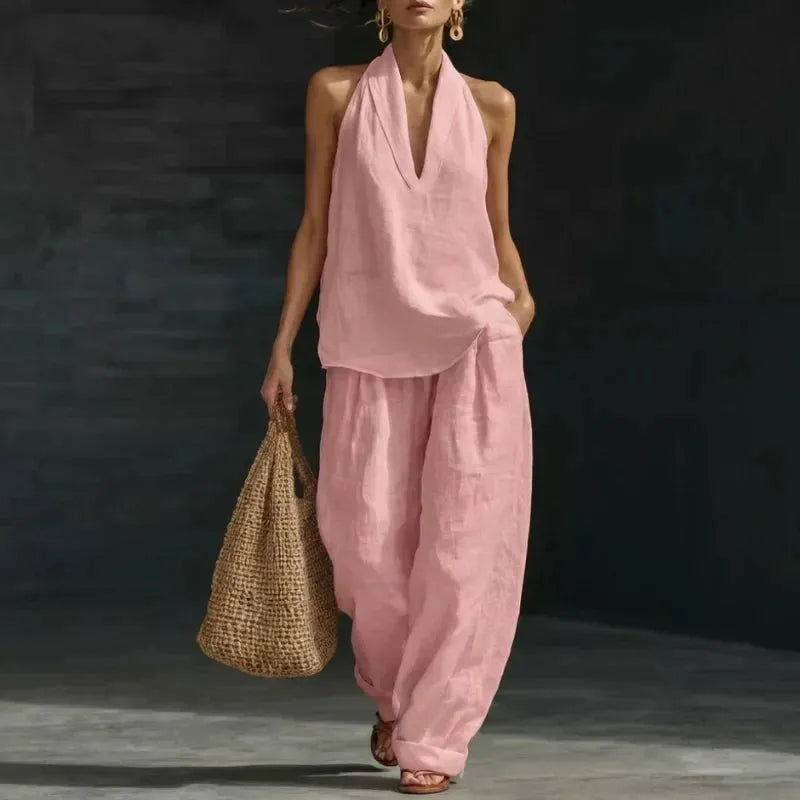 Ainhoa™ | Conjunto Dos Piezas de Lino: Blusa Manga Murciélago y Pantalón Ancho