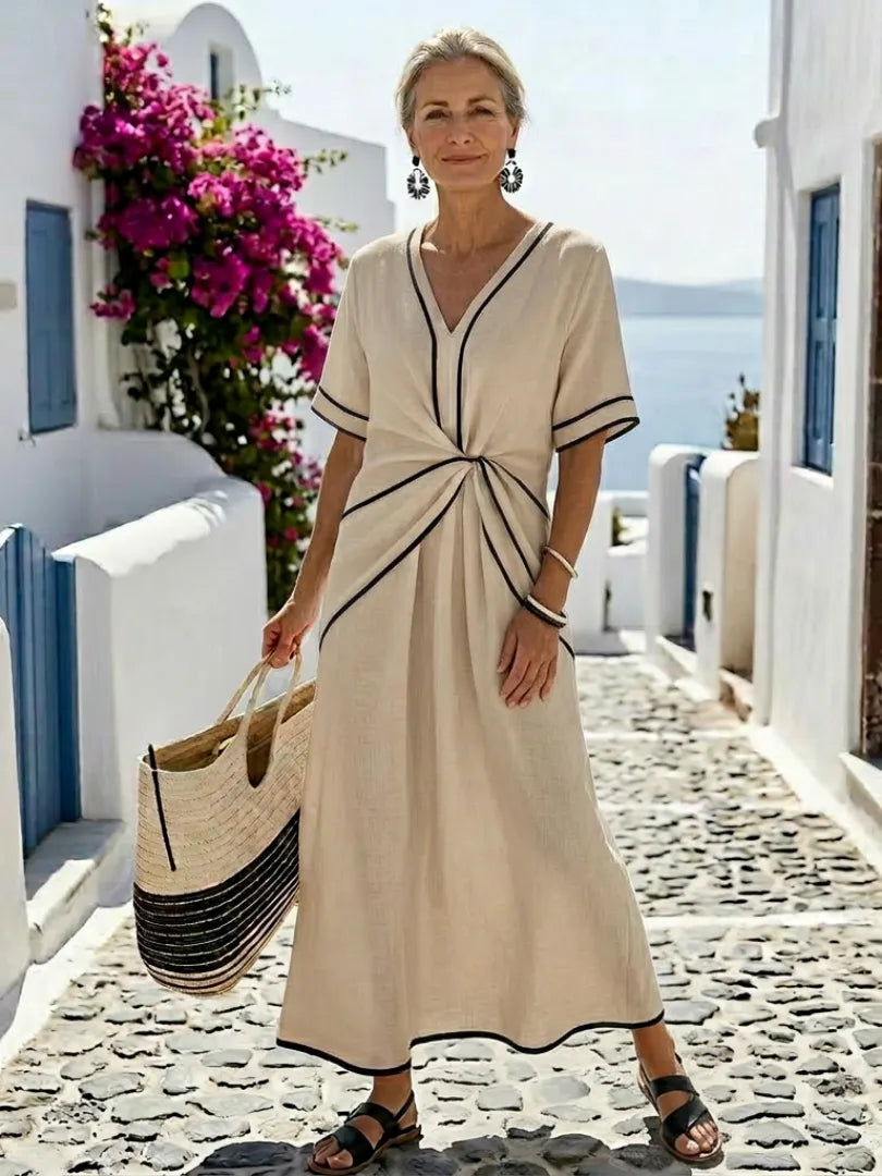 Lucia | Vestido midi de manga corta con escote en V y cintura fruncida