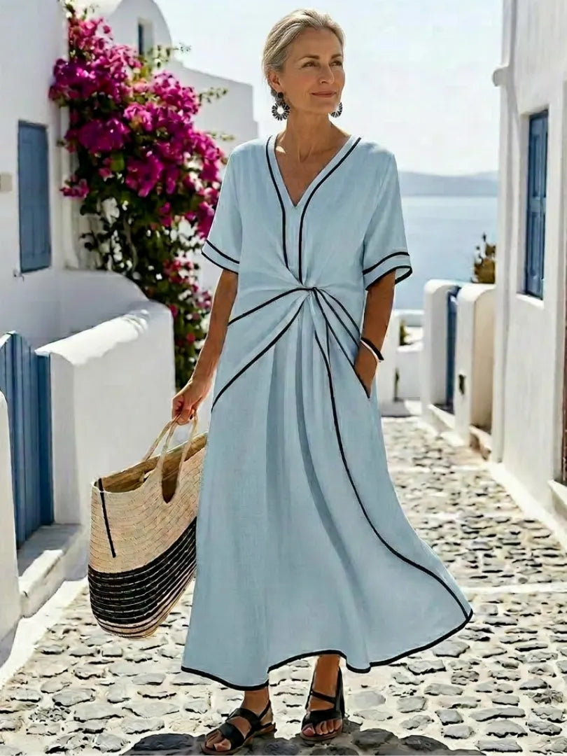 Lucia | Vestido midi de manga corta con escote en V y cintura fruncida