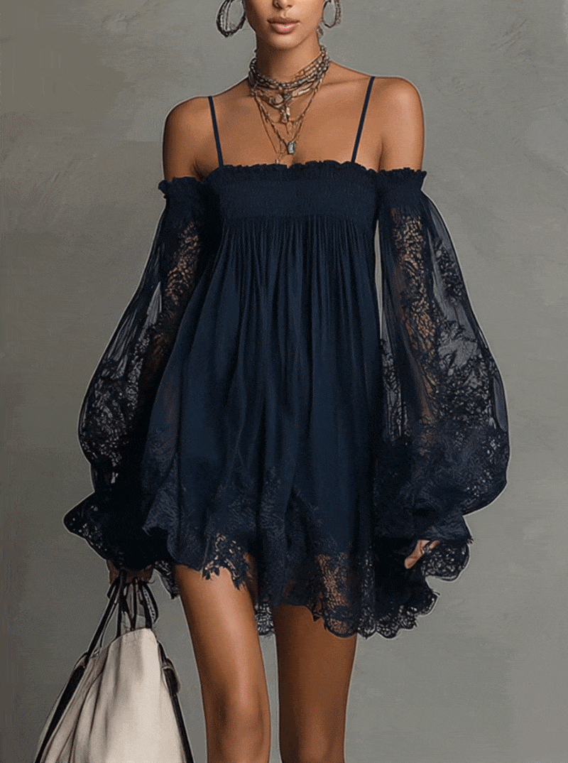Noemi™ | Vestido Mini Azul Marino: Hombros Descubiertos y Encaje