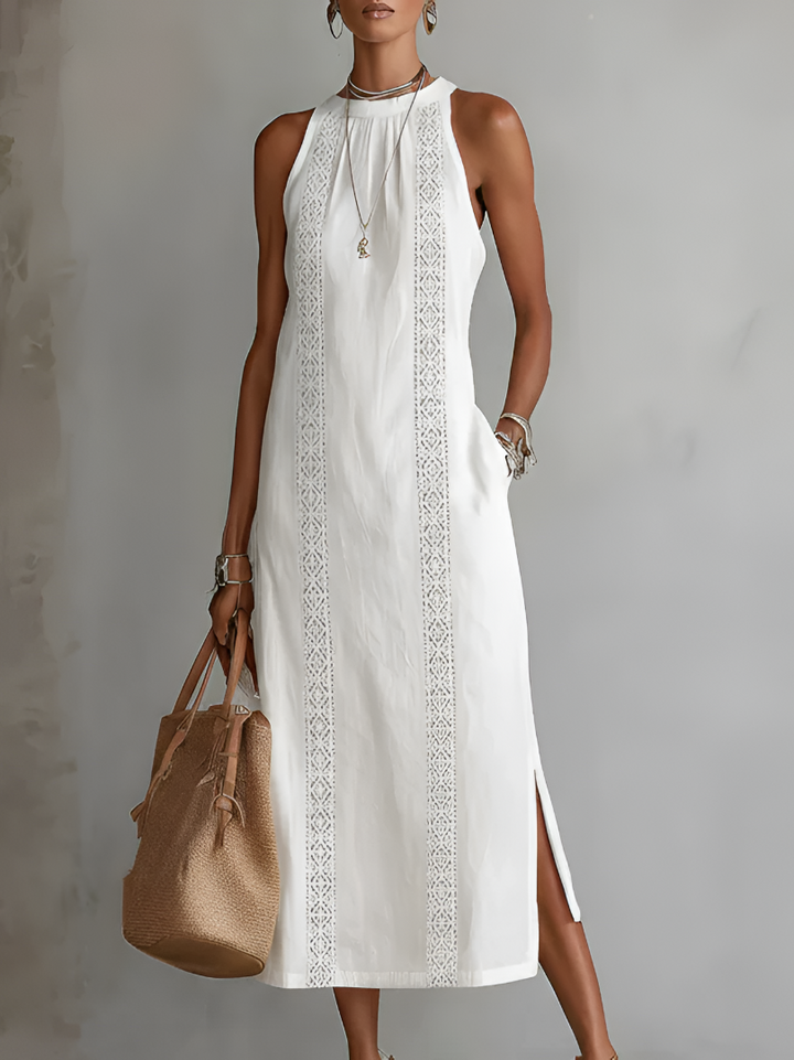Carlotta™ | Vestido Midi Cuello Mao en Lino y Algodón