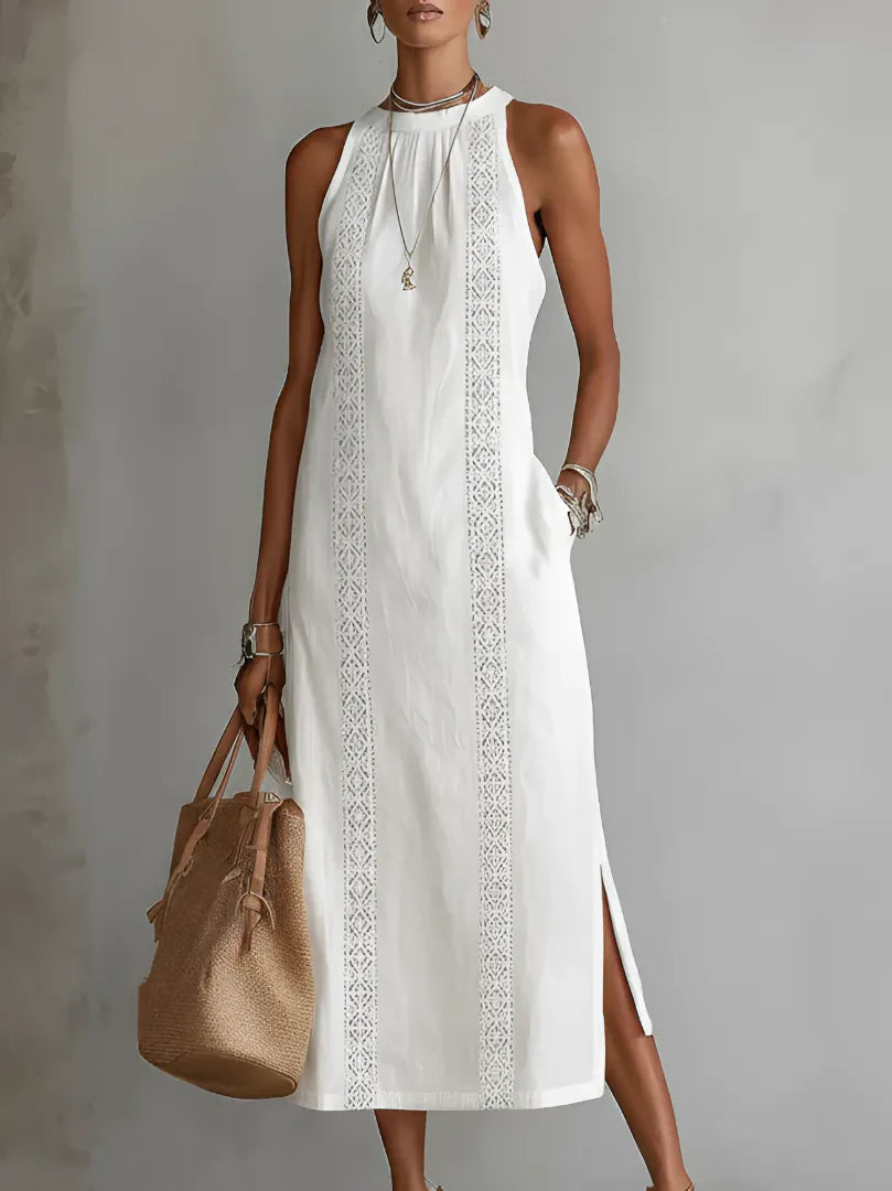 Carlotta™ | Vestido Midi Cuello Mao en Lino y Algodón