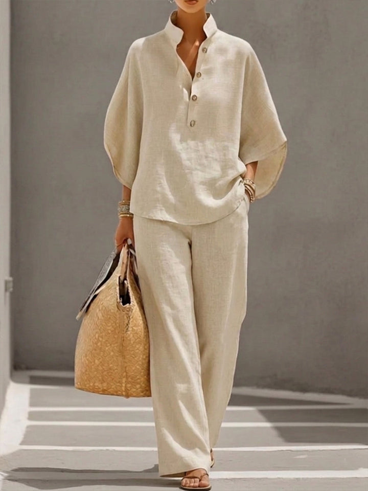 Rossella™ | Conjunto Elegante: Blusa Cuello Mao y Pantalón Ancho