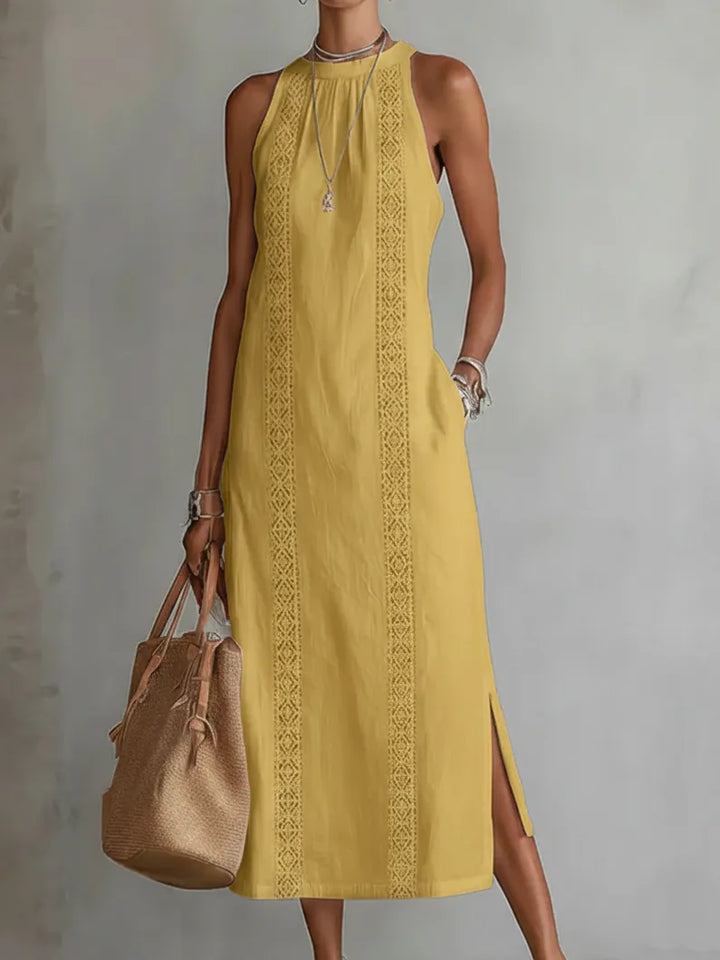Carlotta™ | Vestido Midi Cuello Mao en Lino y Algodón