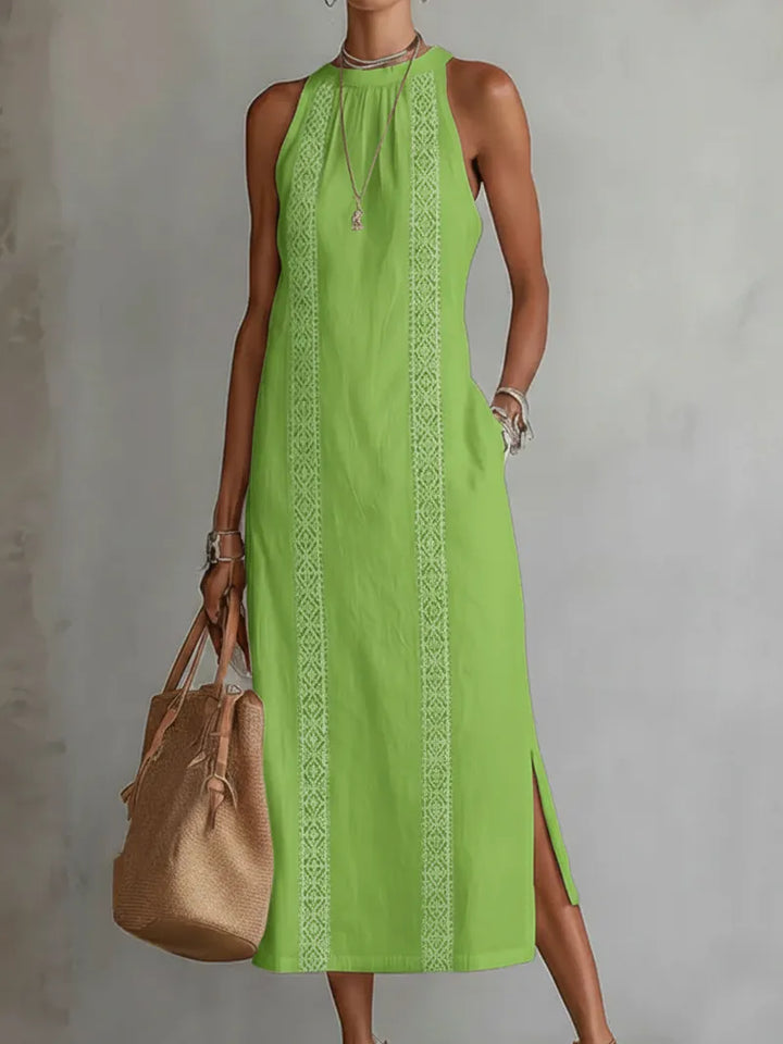 Carlotta™ | Vestido Midi Cuello Mao en Lino y Algodón