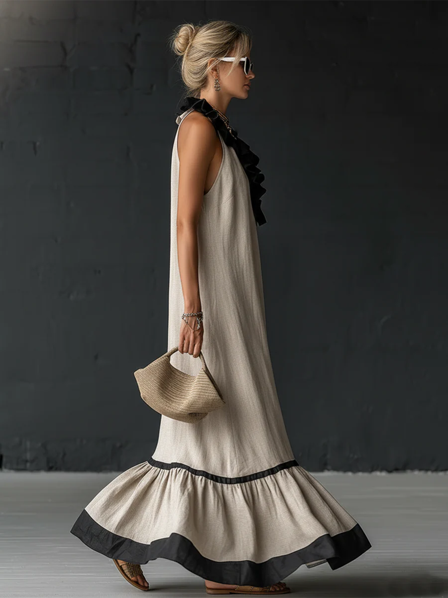 Adriana™ | Vestido Maxi Romántico: Volantes y Bloques de Color
