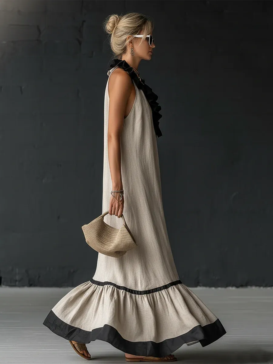 Adriana™ | Vestido Maxi Romántico: Volantes y Bloques de Color