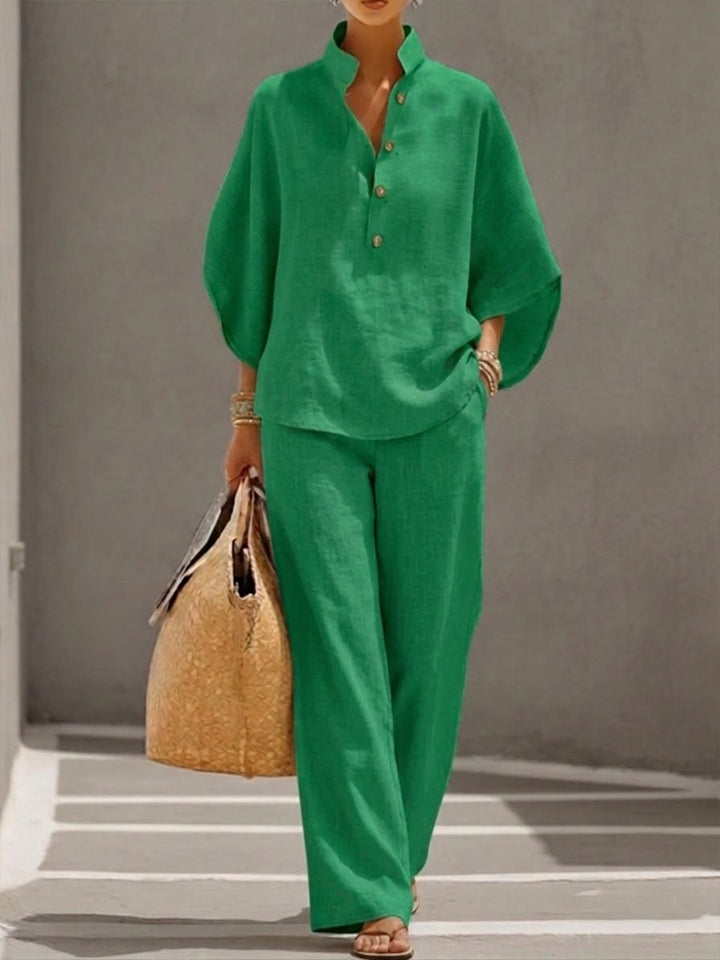 Rossella™ | Conjunto Elegante: Blusa Cuello Mao y Pantalón Ancho