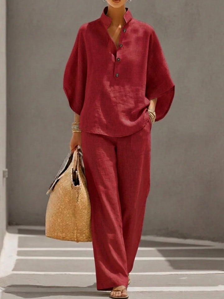 Rossella™ | Conjunto Elegante: Blusa Cuello Mao y Pantalón Ancho