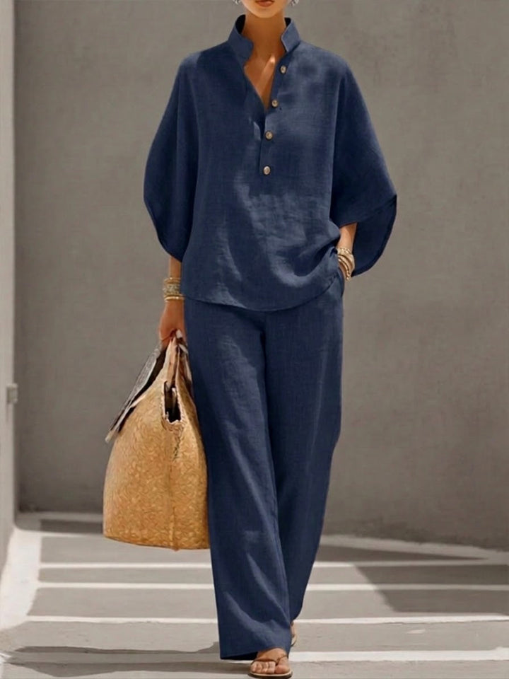 Rossella™ | Conjunto Elegante: Blusa Cuello Mao y Pantalón Ancho