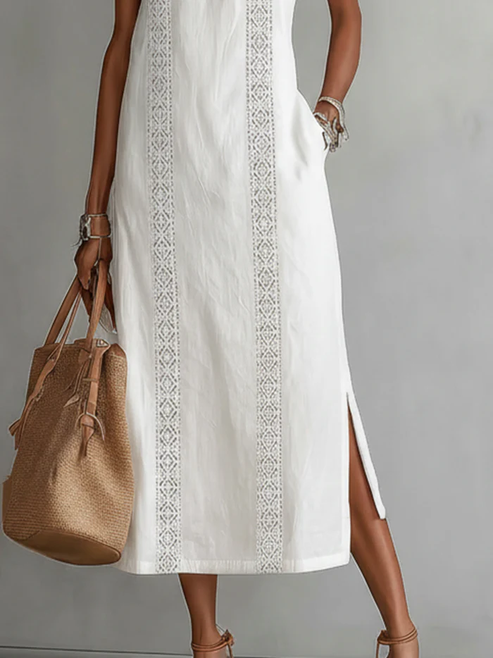 Carlotta™ | Vestido Midi Cuello Mao en Lino y Algodón