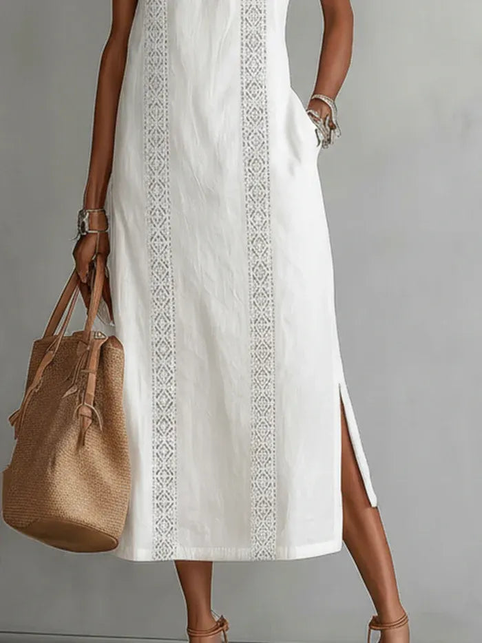 Carlotta™ | Vestido Midi Cuello Mao en Lino y Algodón