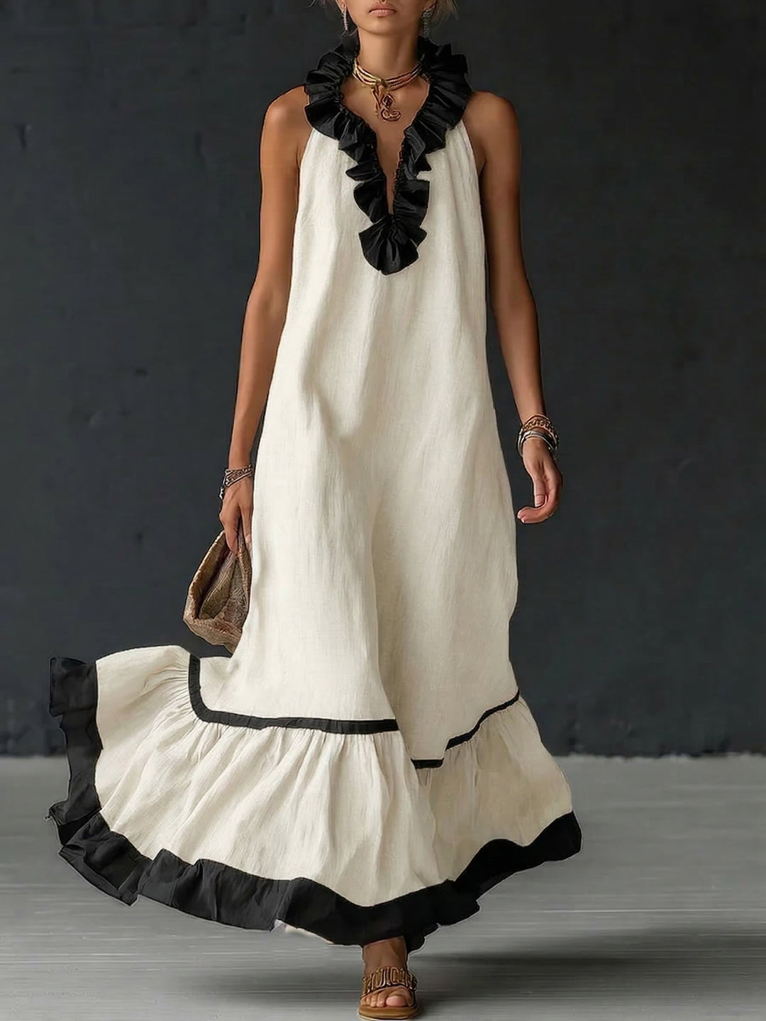 Adriana™ | Vestido Maxi Romántico: Volantes y Bloques de Color