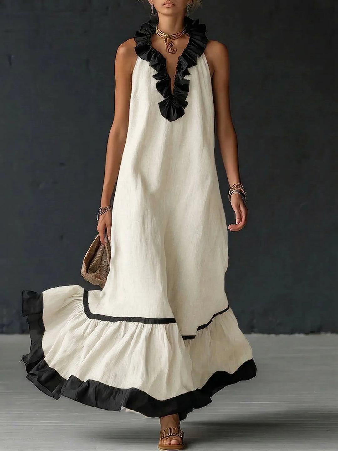 Adriana™ | Vestido Maxi Romántico: Volantes y Bloques de Color