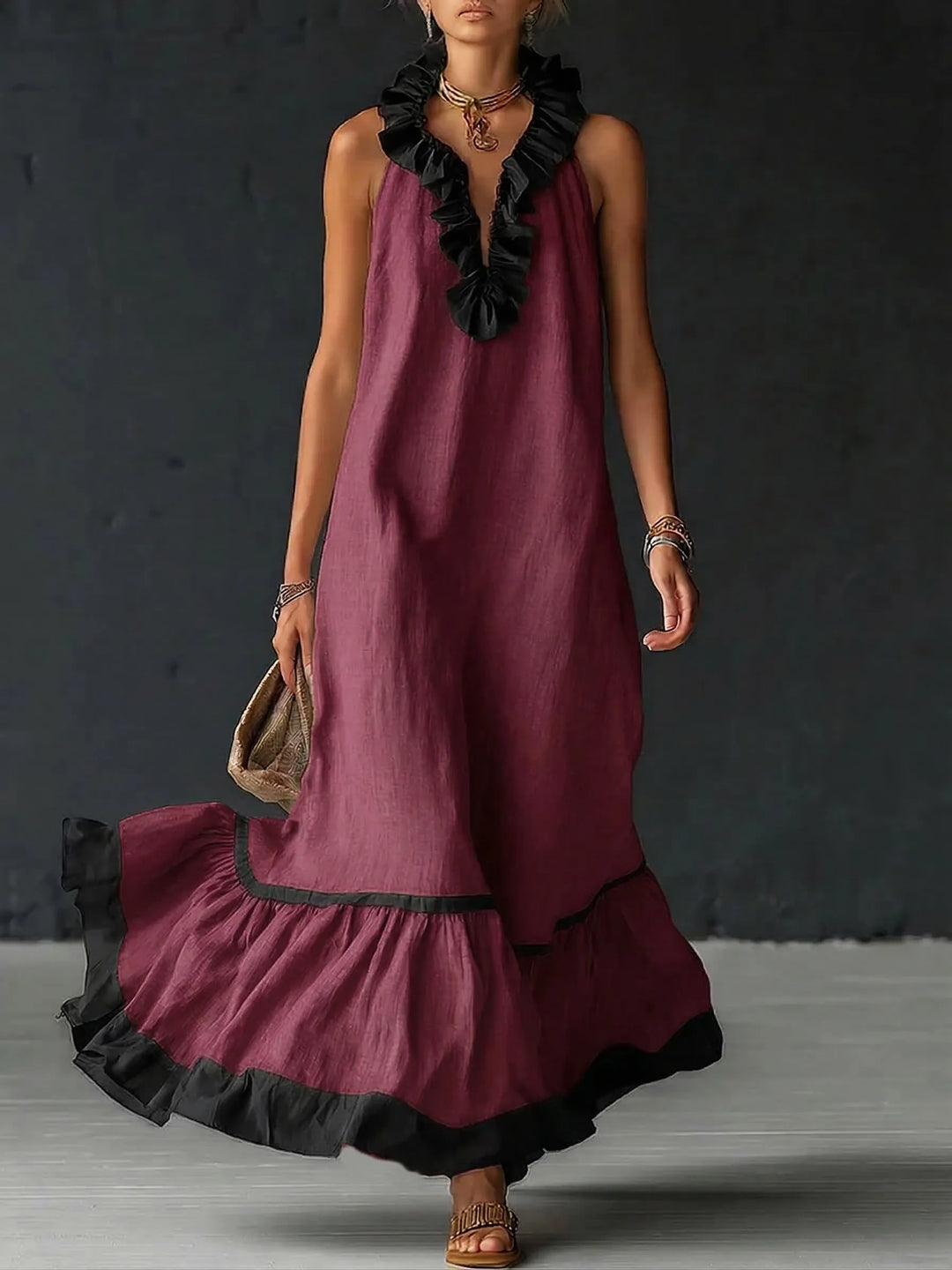 Adriana™ | Vestido Maxi Romántico: Volantes y Bloques de Color
