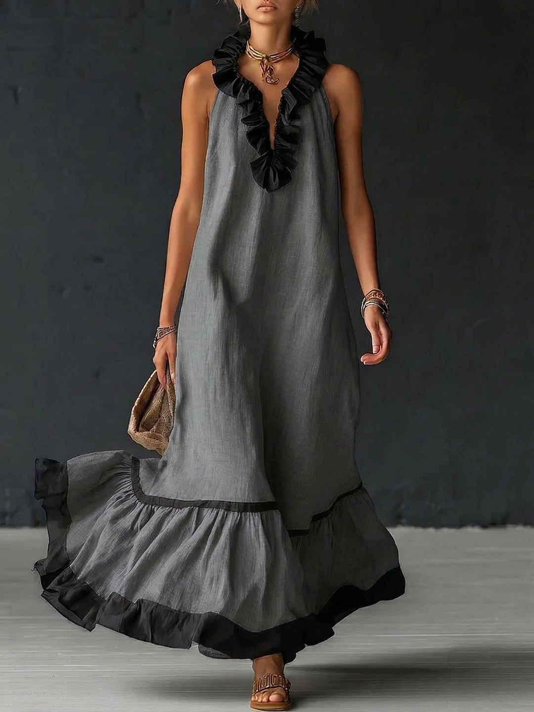 Adriana™ | Vestido Maxi Romántico: Volantes y Bloques de Color