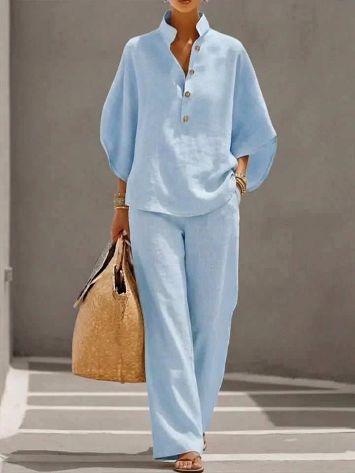 Maribel™ | Conjunto de Lino con Mangas Murciélago y Pantalón Ancho