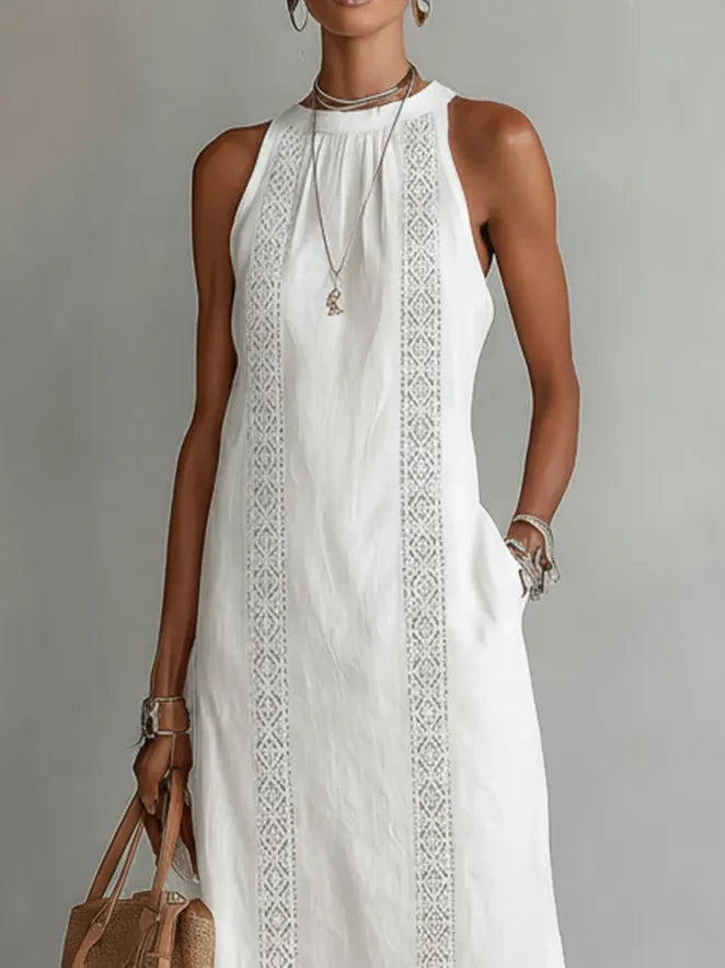 Carlotta™ | Vestido Midi Cuello Mao en Lino y Algodón