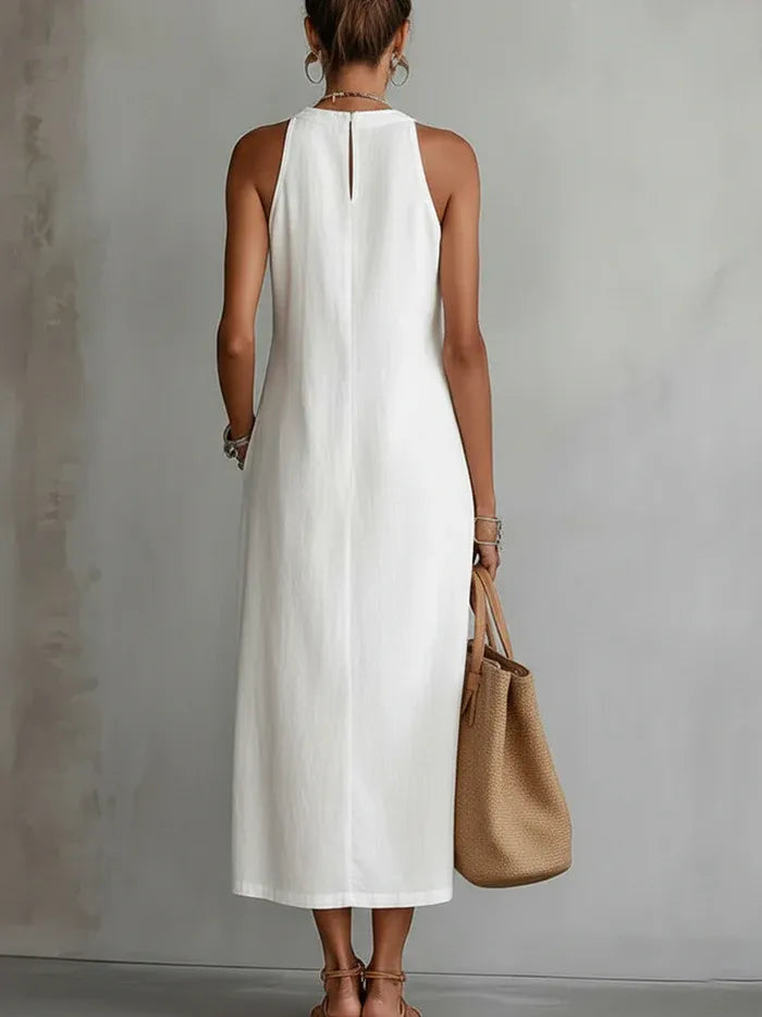 Carlotta™ | Vestido Midi Cuello Mao en Lino y Algodón