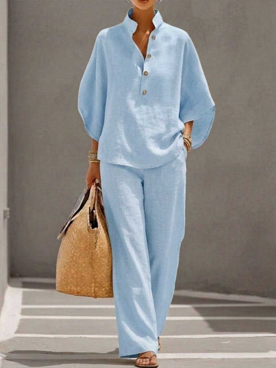 Rossella™ | Conjunto Elegante: Blusa Cuello Mao y Pantalón Ancho
