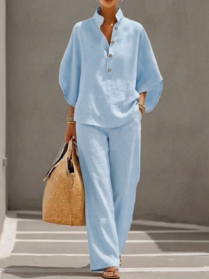 Rossella™ | Conjunto Elegante: Blusa Cuello Mao y Pantalón Ancho