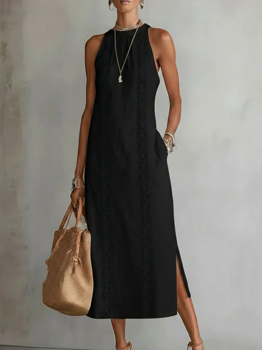 Carlotta™ | Vestido Midi Cuello Mao en Lino y Algodón