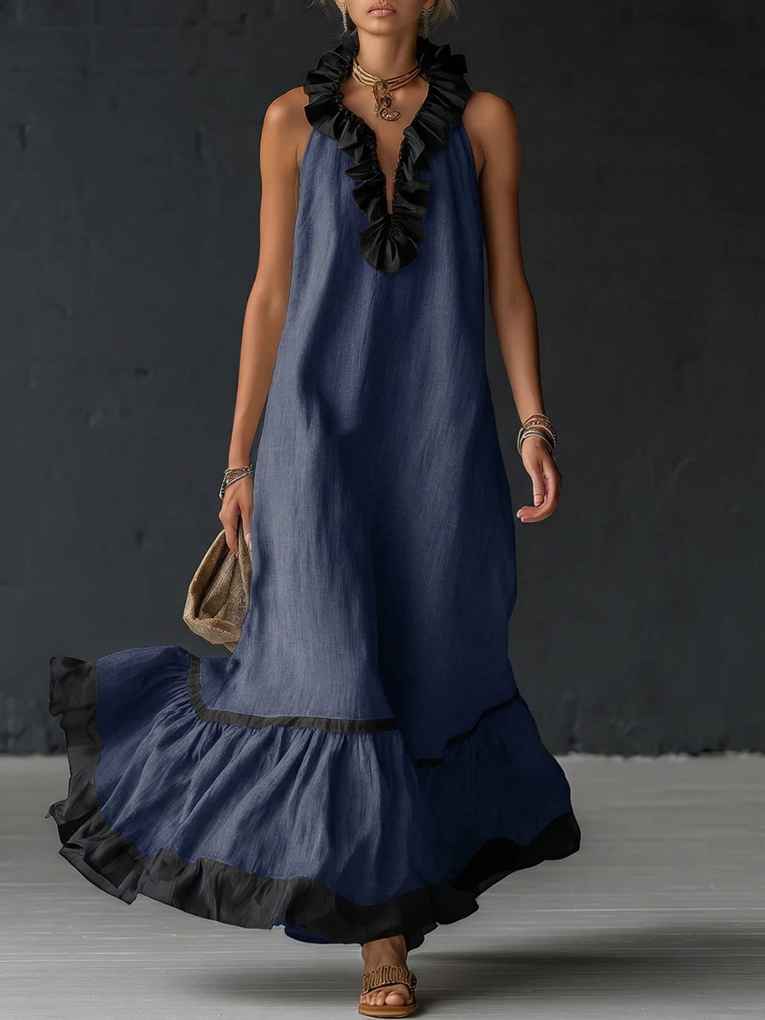 Adriana™ | Vestido Maxi Romántico: Volantes y Bloques de Color