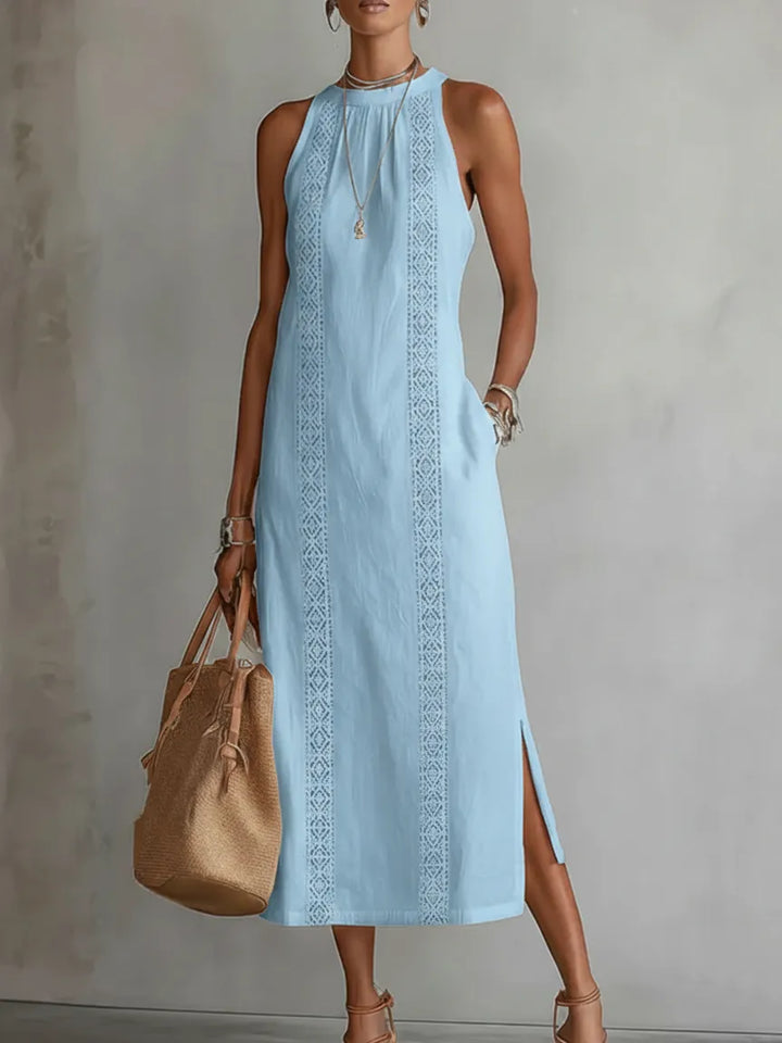 Carlotta™ | Vestido Midi Cuello Mao en Lino y Algodón