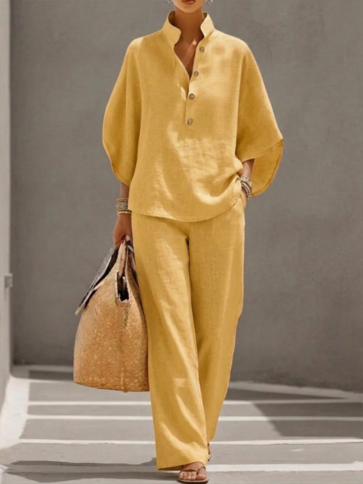 Rossella™ | Conjunto Elegante: Blusa Cuello Mao y Pantalón Ancho