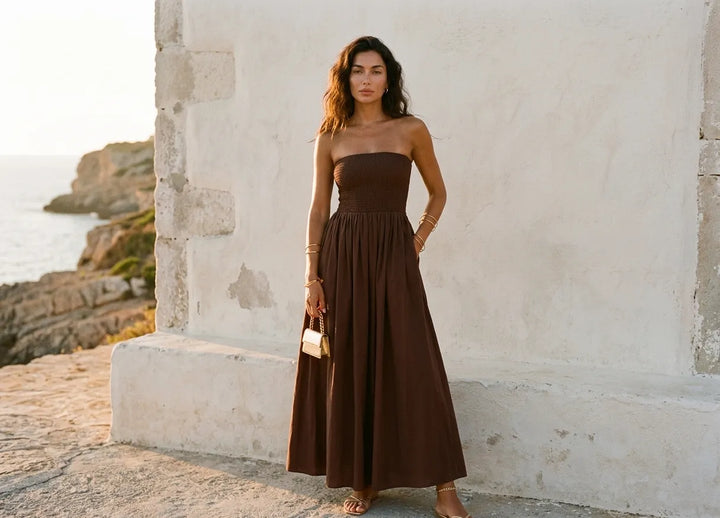 Solara™ | Vestido Maxi Strapless Fruncido
